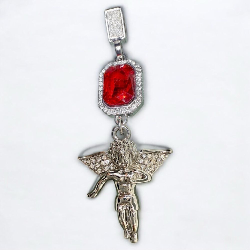 Angel Pendant with Red Gemstone & Pave Wings – Large Bail for Thick Chains